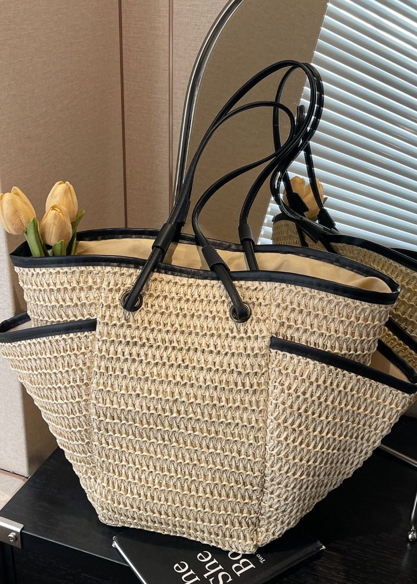 Soletta - Woven Straw Tote with Contrast Trim