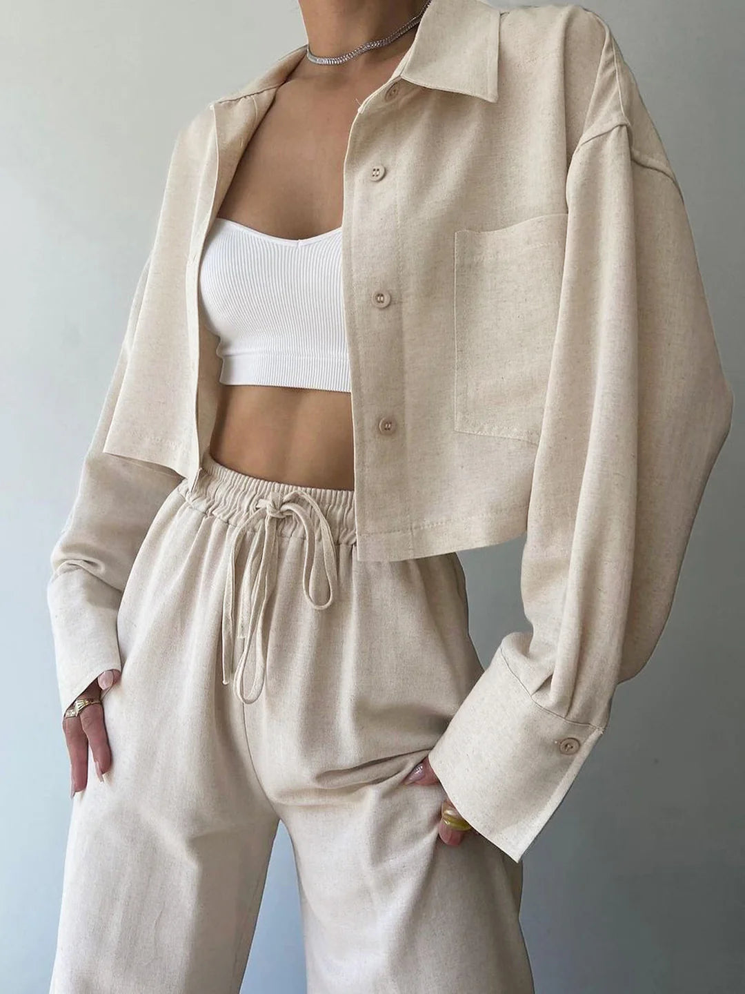 Casual Collared Drawstring Two Piece Pants Set