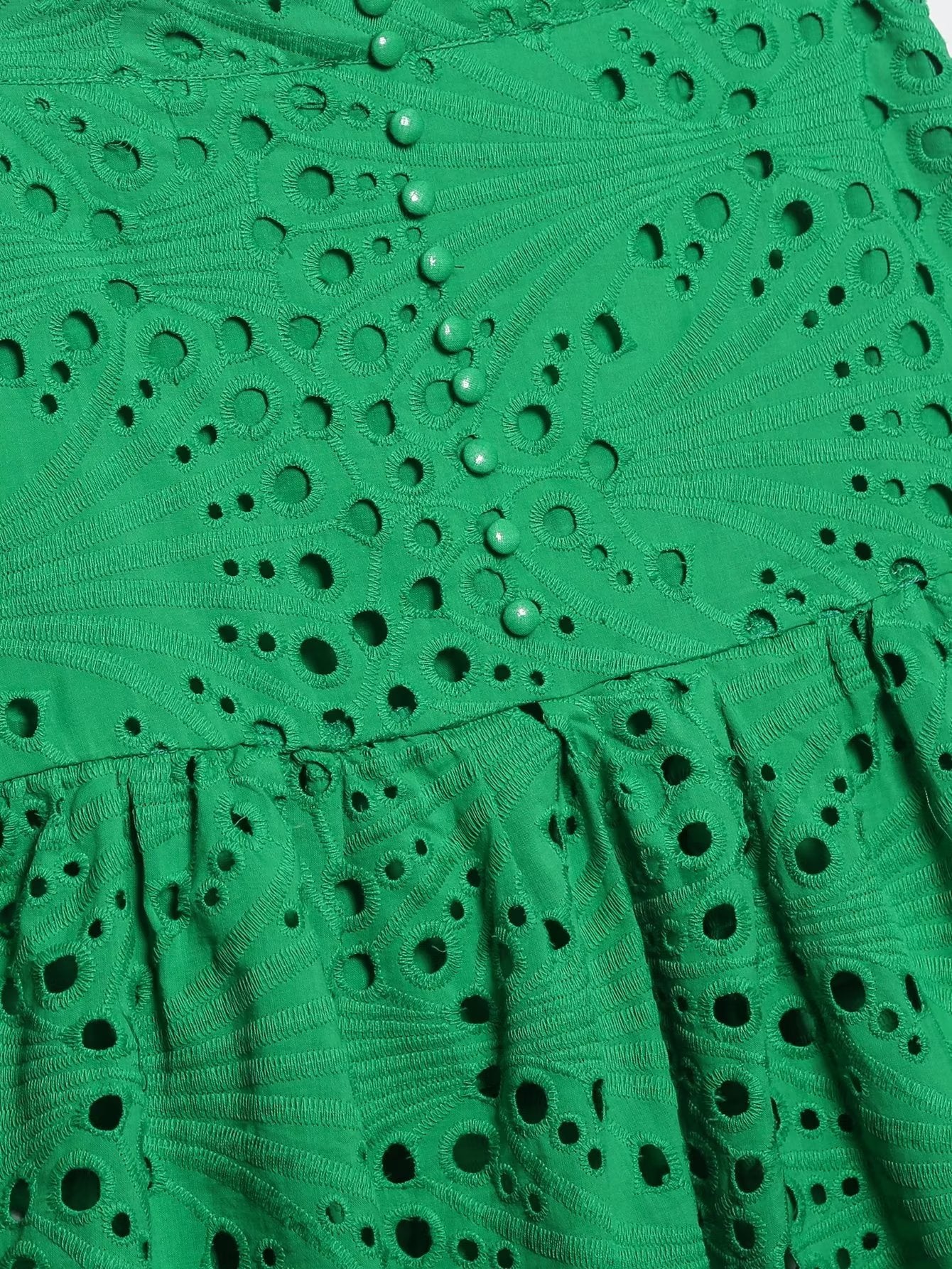 Women Clothing Embroidered Laminated Decoration Green Skirt
