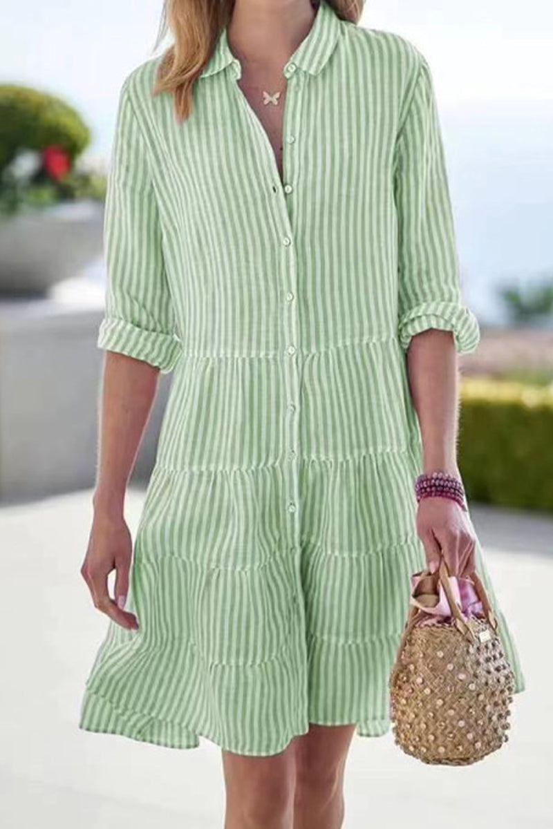 Street Elegant Geometric Draw String Turndown Collar Shirt Dress Dresses(6 Colors)