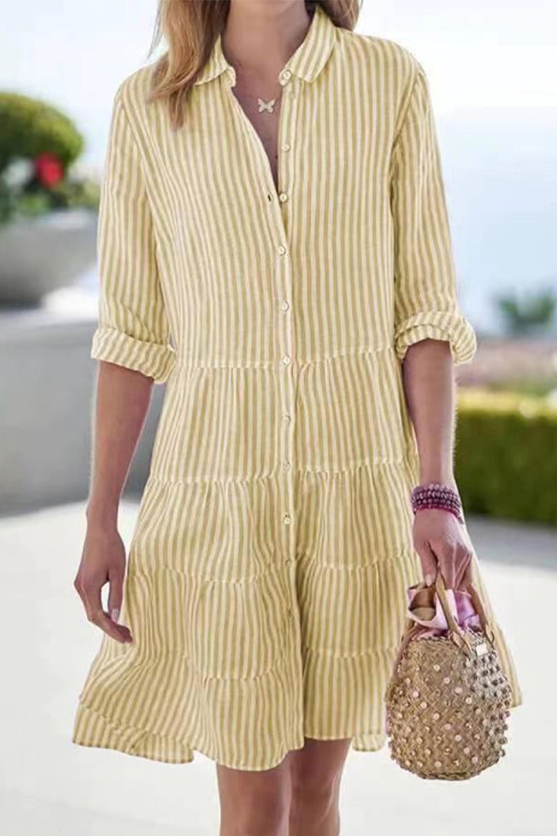 Street Elegant Geometric Draw String Turndown Collar Shirt Dress Dresses(6 Colors)