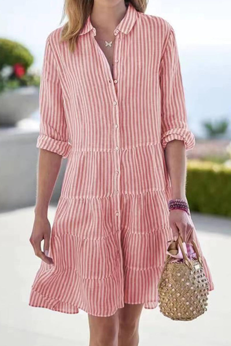 Street Elegant Geometric Draw String Turndown Collar Shirt Dress Dresses(6 Colors)