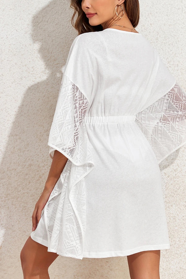 White Lace Patch Kimono Sleeve Tassel Drawstring Beach Cover Up