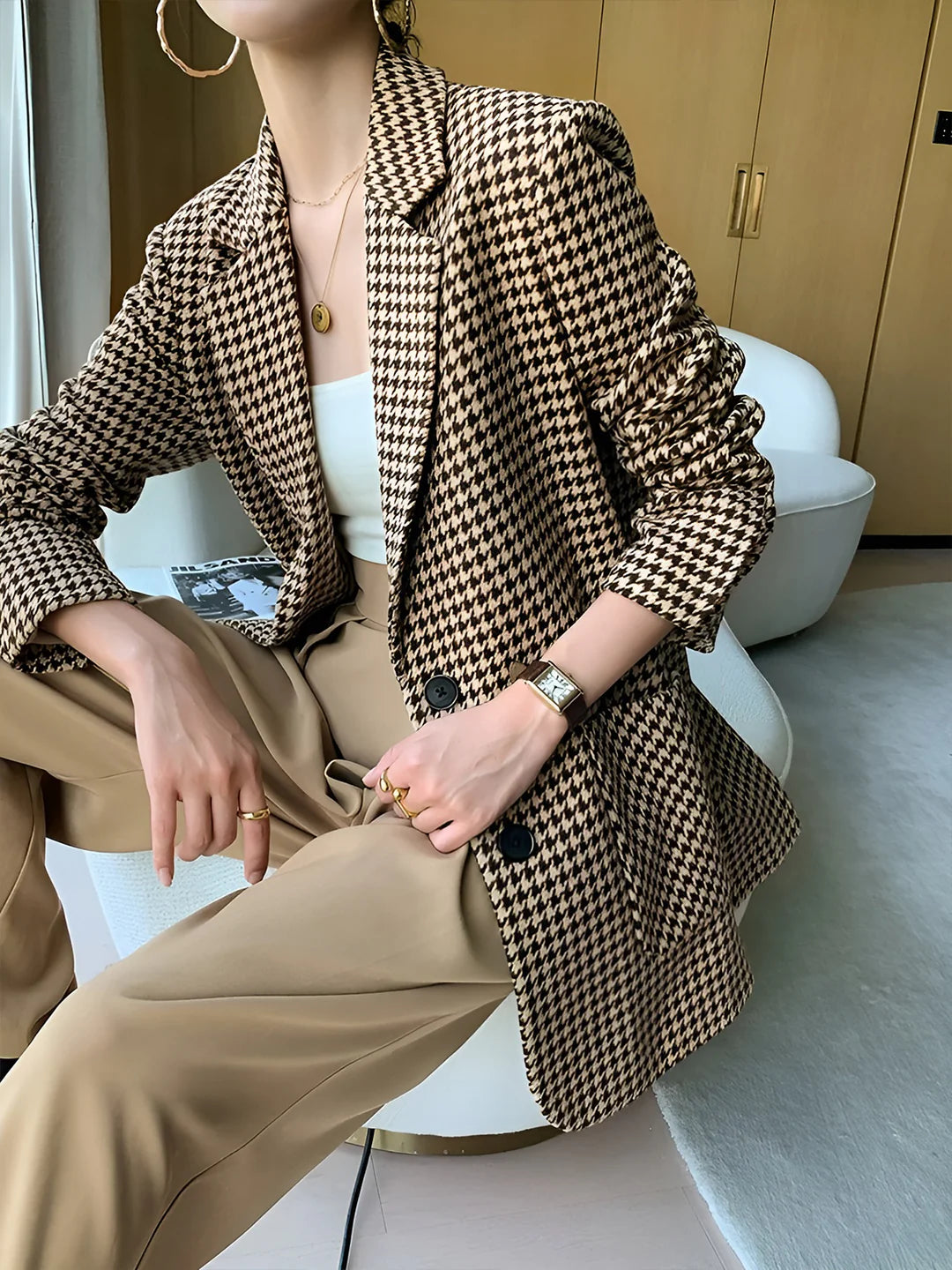 Elegant Style Houndstooth Split Blazer With Belt