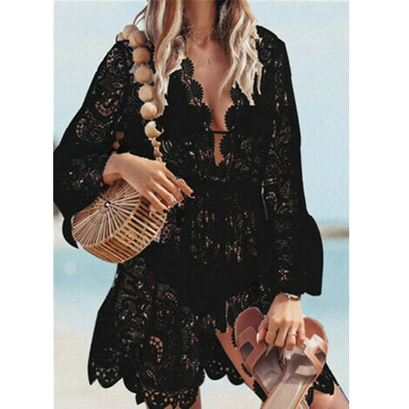 Summer Lace Croche Dress Women Sexy Crochet Bikini Cover Up Floral Ladies Bathing Swimwear Beach Suit Woman Beachwear
