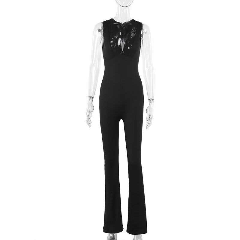 Fall Street Sexy V neck Lace One Piece Bell Bottom Pants