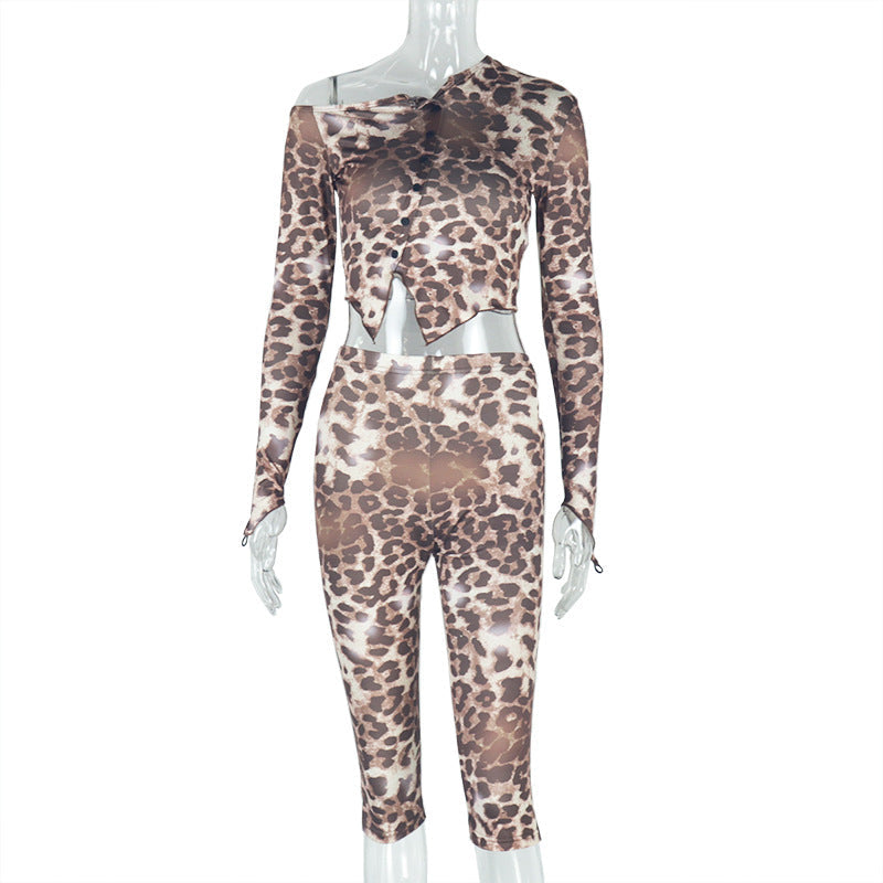 Women’s Wear Leopard Print Micro Transparent Blouse Pants Asymmetric off Shoulder Long Sleeve Top Short Pants Two Pieces