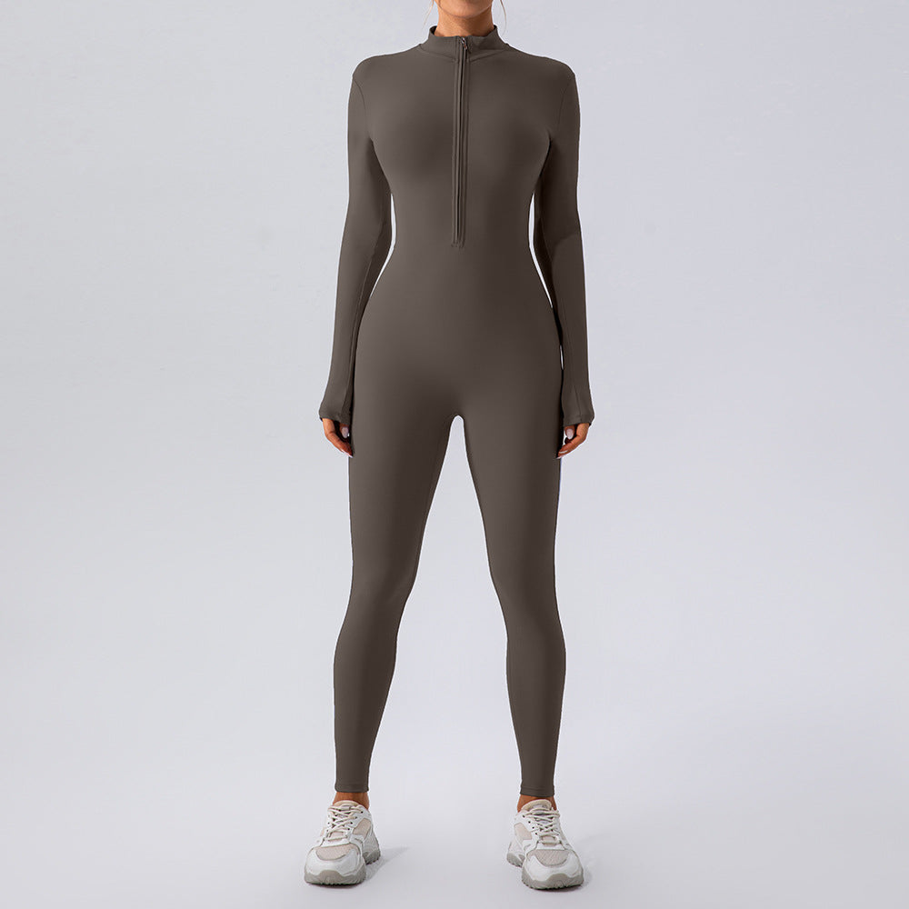 Zipper Nude Feel Long Sleeve Yoga Jumpsuit Women Sports Fitness Training Dance One Piece Bodysuit
