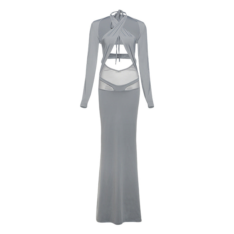 Spring Women Clothing Solid Color Slim Fit Long Sleeves Blouse Sexy Halter Lace up Dress Set
