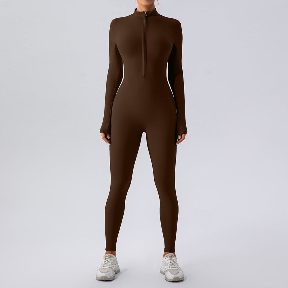 Zipper Nude Feel Long Sleeve Yoga Jumpsuit Women Sports Fitness Training Dance One Piece Bodysuit