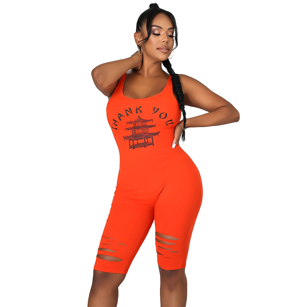 Summer Women Clothing Sports Casual Printed Hollow-out Ripped for Women Romper