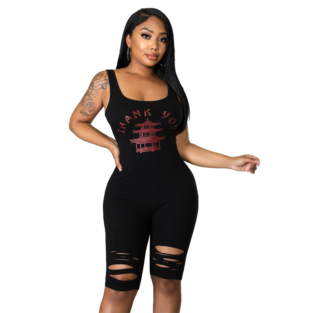 Summer Women Clothing Sports Casual Printed Hollow-out Ripped for Women Romper
