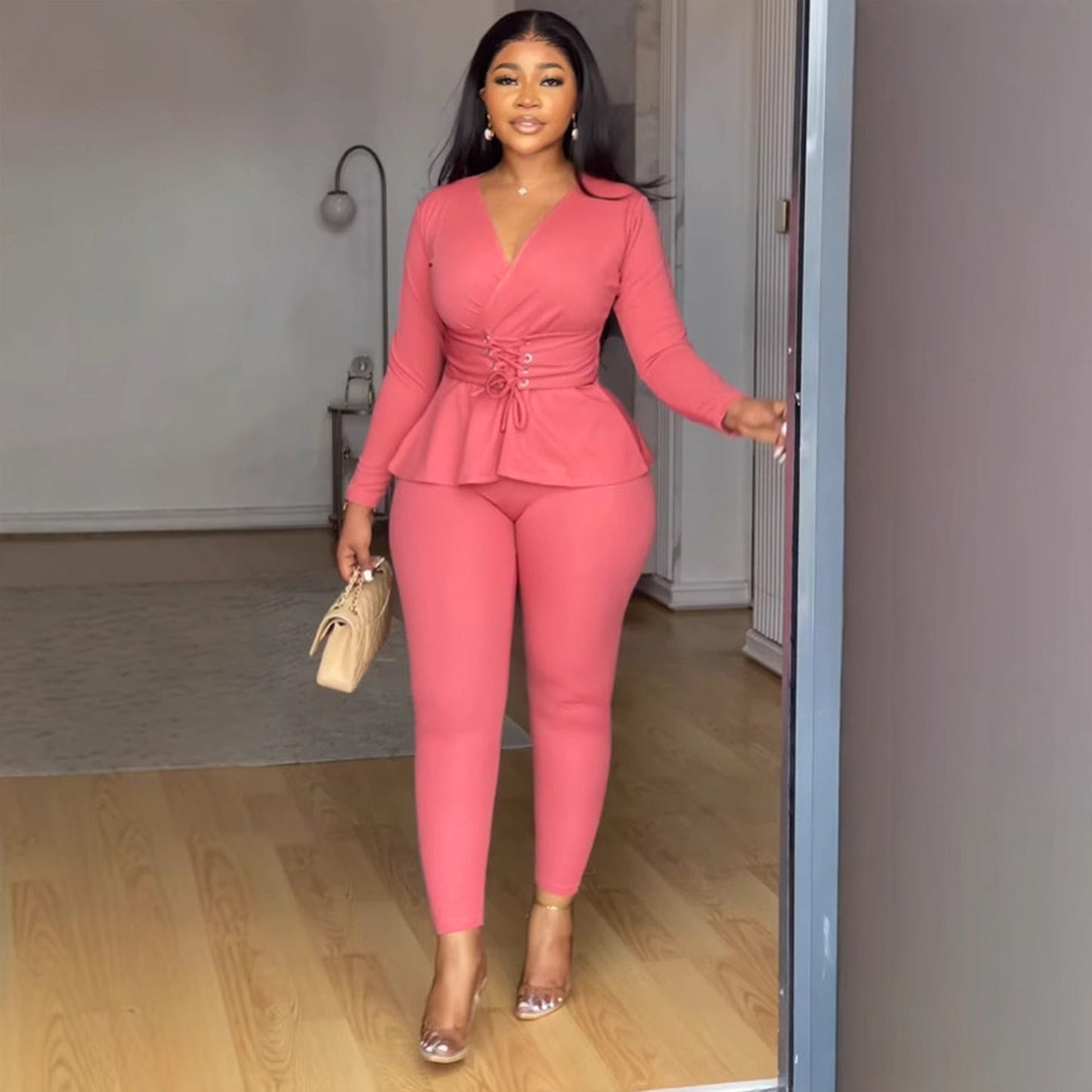 Solid Color V neck Waist Tight Stretch Long Sleeve Blouse Two Piece Pants Sets