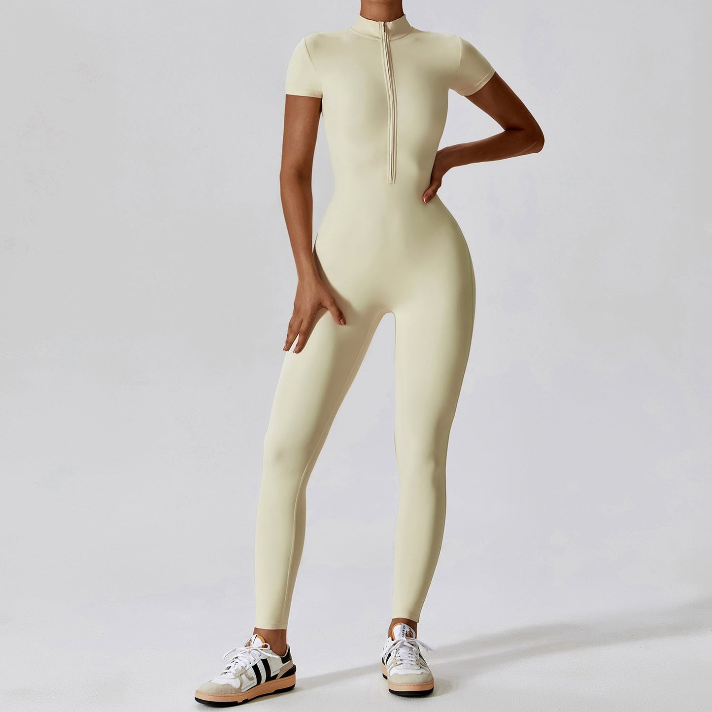Zipper Short Sleeve Nude Feel Yoga Jumpsuit Women Outer Wear Fitness Sports One Piece Tights