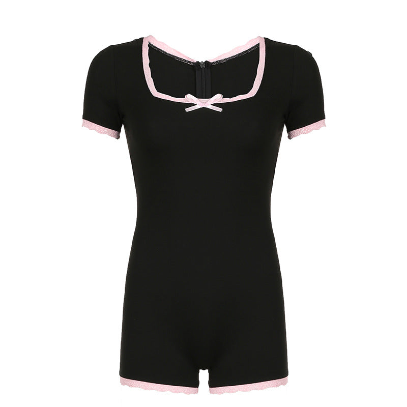 Summer Bow Contrast Color Lace Stitching Square Collar Sexy Girl Tight Jumpsuit Shorts
