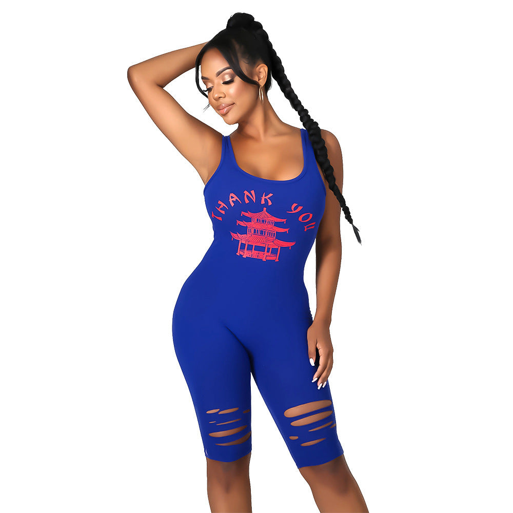 Summer Women Clothing Sports Casual Printed Hollow-out Ripped for Women Romper