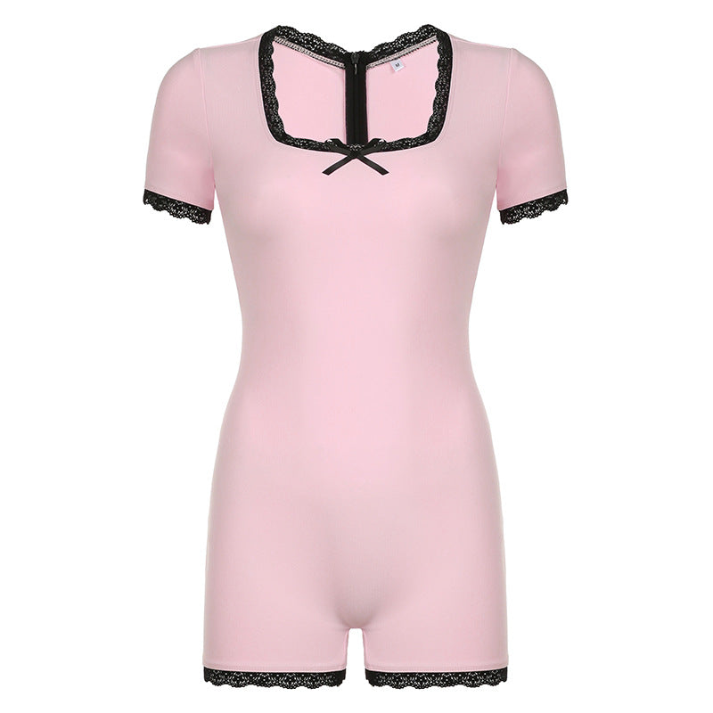 Summer Bow Contrast Color Lace Stitching Square Collar Sexy Girl Tight Jumpsuit Shorts
