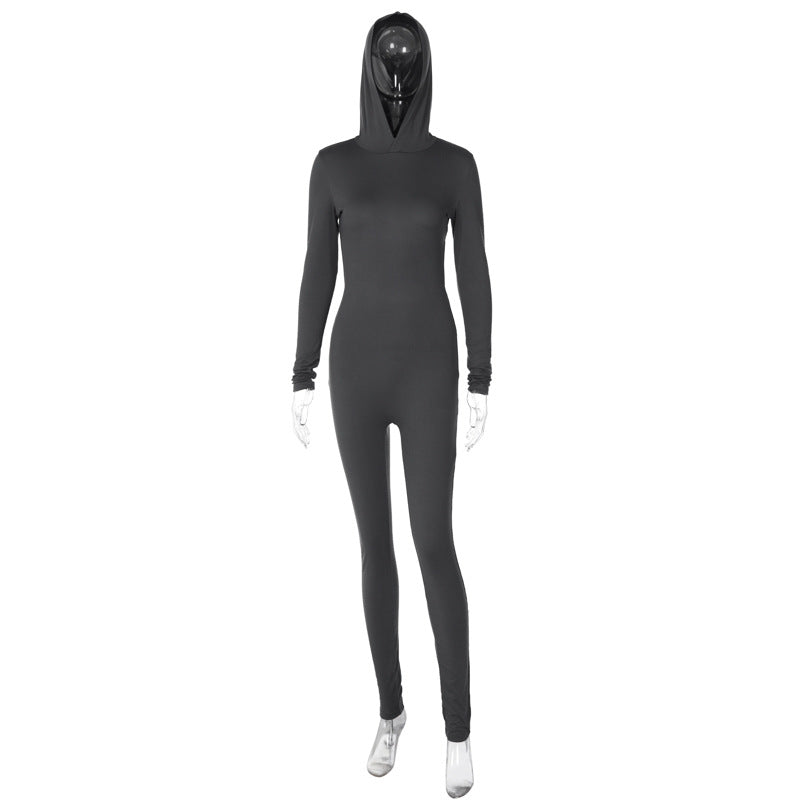 Women Clothing Winter Solid Color Long Sleeve Hooded Backless Slim Fit Sports Jumpsuit Women