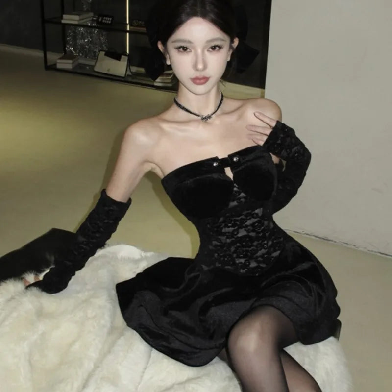Y2K Gothic Strapless Mini Dresses Women Black Velvet Lace Patchwork Evening Party Dress A-line Slim Sexy Prom Vestidos Mujer New