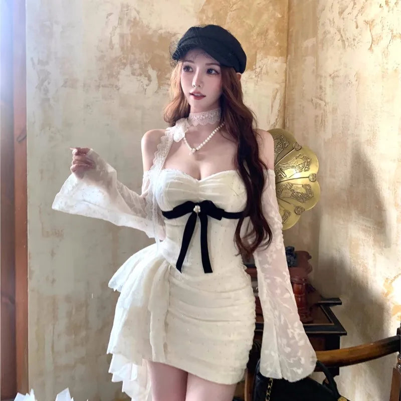 Y2K Lace Mini Dresses for Women Slash Neck Flare Sleeve A-line Ruffles Birthday Party Short Train Dress Korean Fashion Vestidos