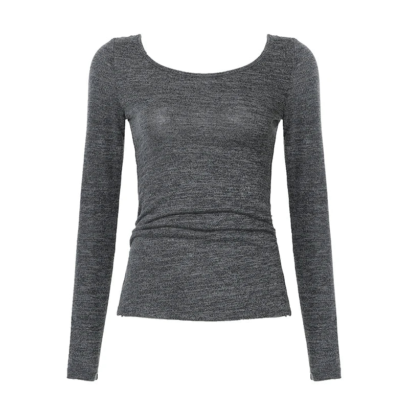 Causal Fashion Backless O-Neck Blouses Women Long Sleeve Simple Slim All-Match s Women Trendy Clothes