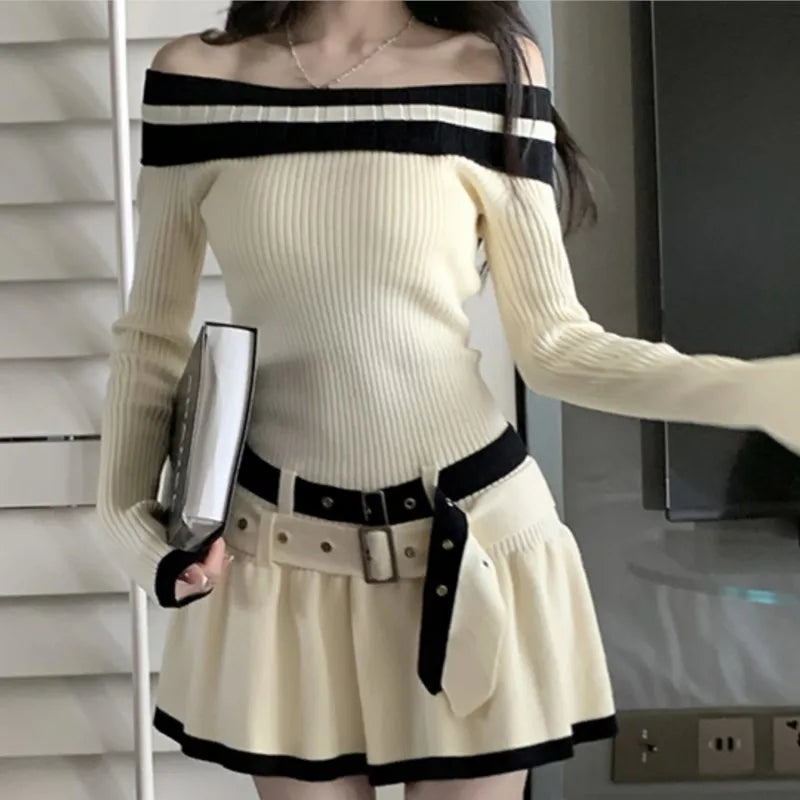 Y2K Slim Casual Knitted Mini Dresses Women Off Shoulder Elegant Korean Fashion Short Party Dress with Belt Autumn New Clothing