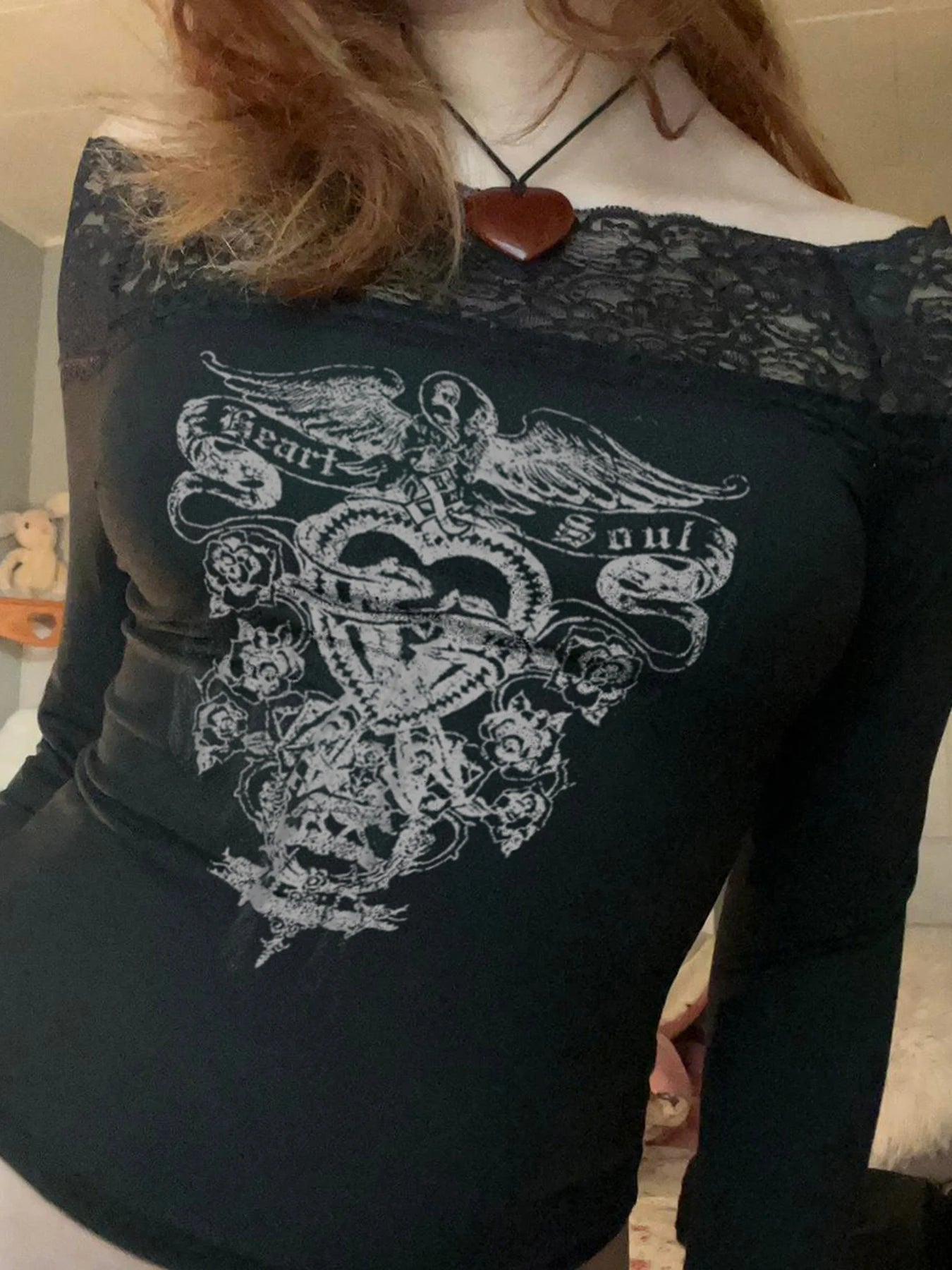 Gothic Retro Lace Trim Slash Neck Blouses Women¡¯ Long Sleeve Y2k Darkly Chic Print Autumn Trendy Fashion Tops