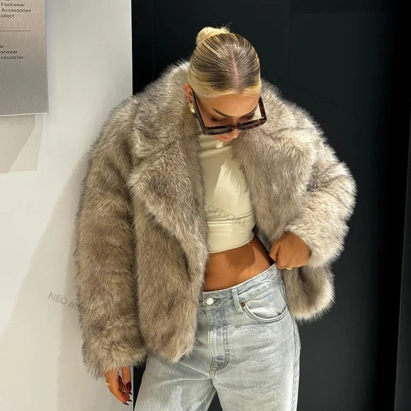Chic Street Girls Gradient Faux Fur Jacket Women Winter Brand Fashion Fluffy Fox Fur Coat Female Luxury Outerwear