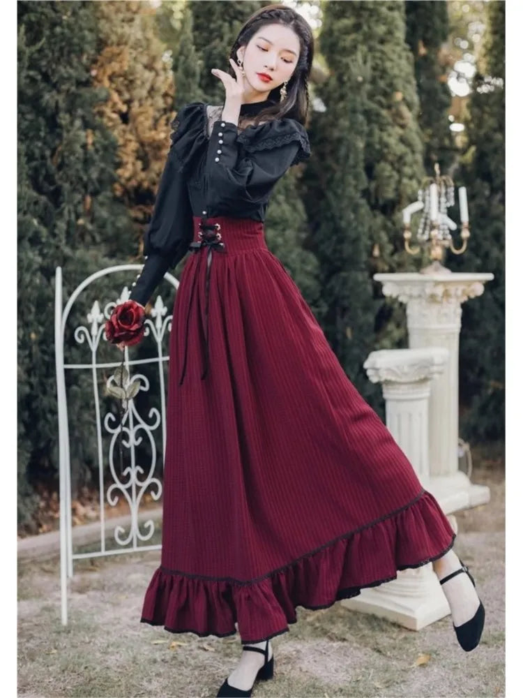 Vintage Gothic Two-Piece Skirt Sets Women Black Lace Ruffle Blouse Lace-up Midi Skirt Autumn New Court Retro Suits Y2k Outfits