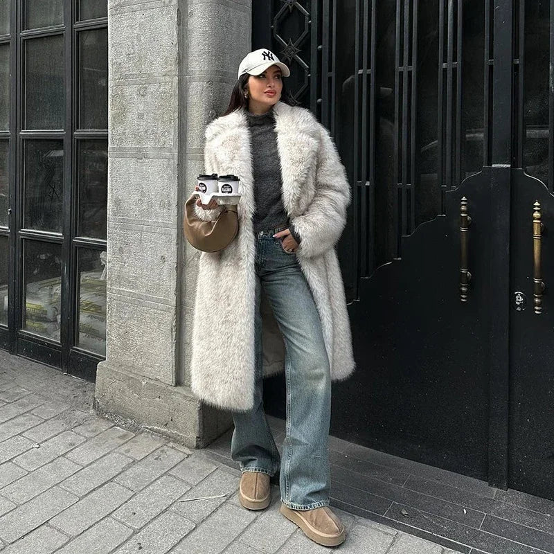 Slouchy Chic Gradient Long Eco Faux Fur Coat Women Winter Thick Warm Fluffy Fox Fur Jacket Brand Fashion Girls Overcoat