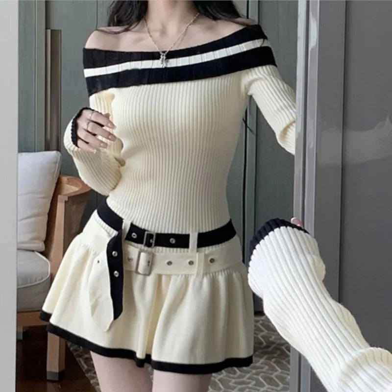 Y2K Slim Casual Knitted Mini Dresses Women Off Shoulder Elegant Korean Fashion Short Party Dress with Belt Autumn New Clothing
