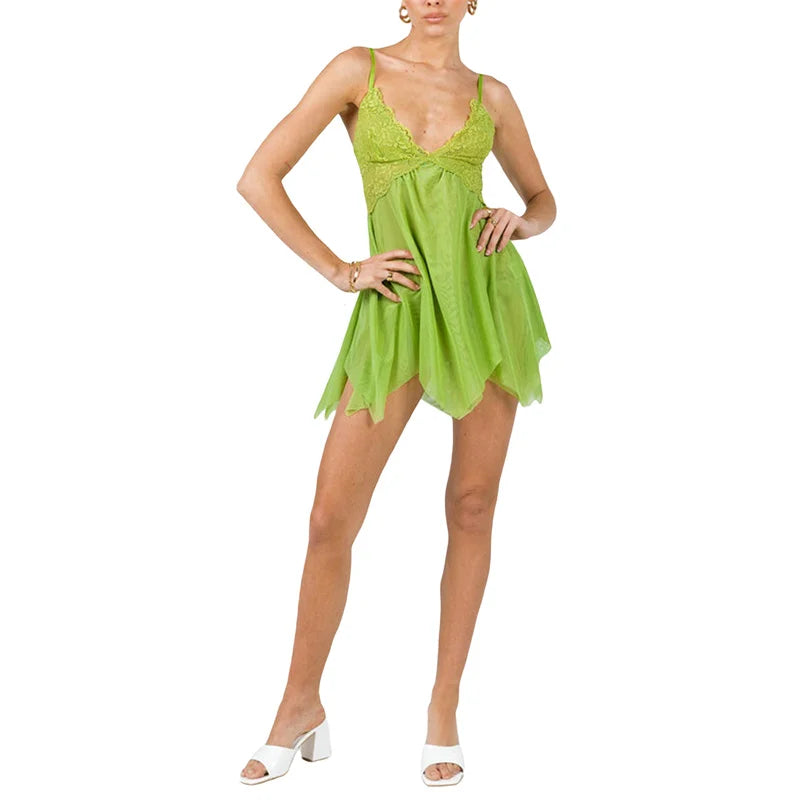 Women Fairy Dress Green Lace Spaghetti Strap Sleeveless Mesh A Line Mini Dress Halloween Cosplay Costume Clubwear
