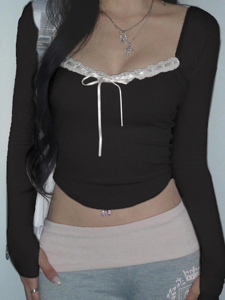 Cute Sweet Fairy Style Women¡¯s Tops Autumn Long Sleeve Slim Knitted Bowknot Lace Trim Square Collar Blouses