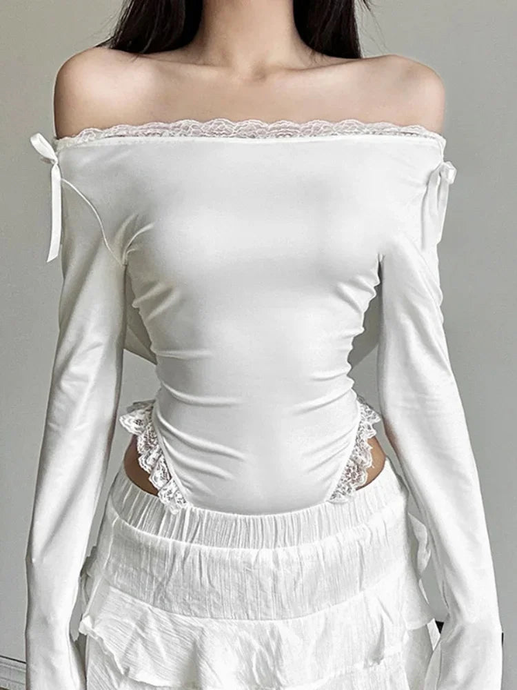 Hooded Sexy Bodysuit Lingerie Bow One-Pieces Body Feminino White Slim Bustier Long Sleeve Fashion Trends Women Clothing Autumn