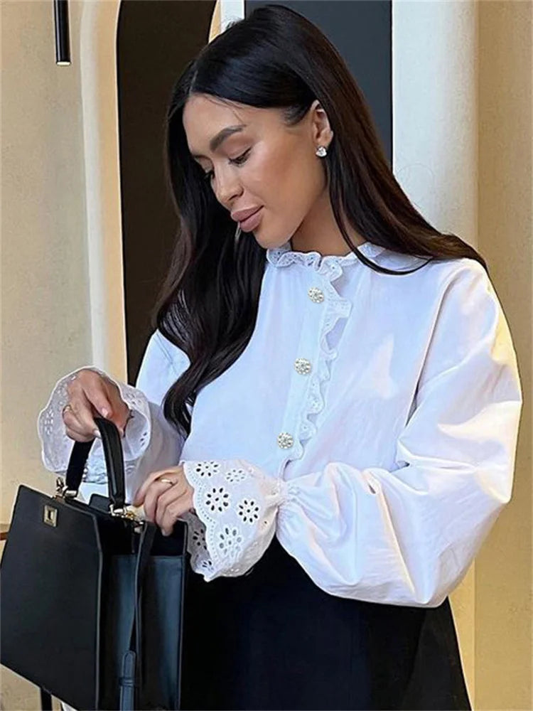 Female Glitter Ruffled Shirts Top Inner Patchwork Long Sleeve Casual Commute Clothes Hollow Out Elegant Women’s Blouses