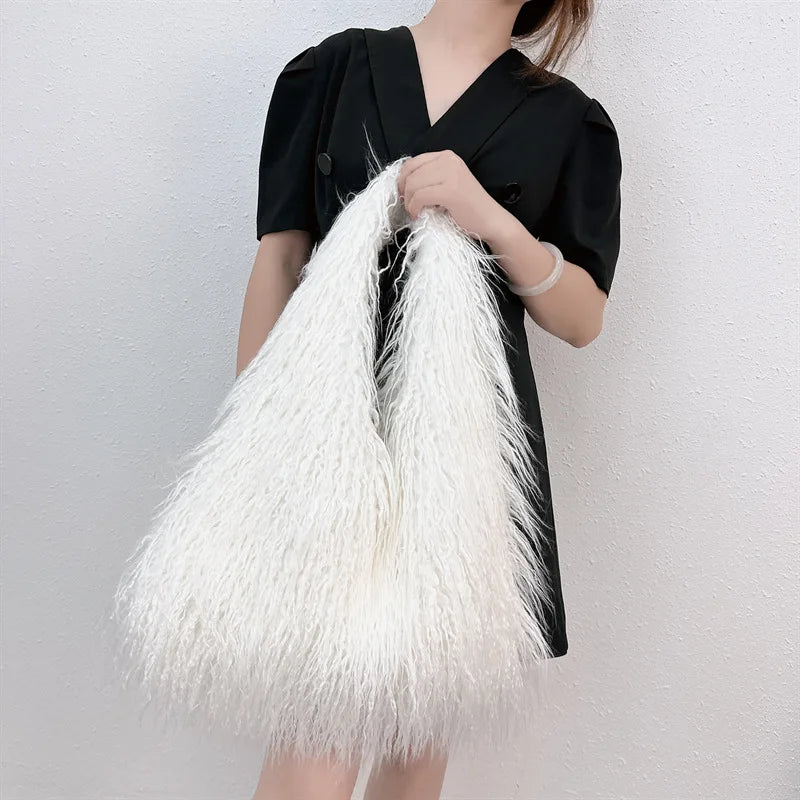 Y2k Kpop Girls Hot Fluffy Furry Shoulder Bags for Women Trend Luxury Brand Designer Faux Fur Big Tote Bag Harajuku Handbags