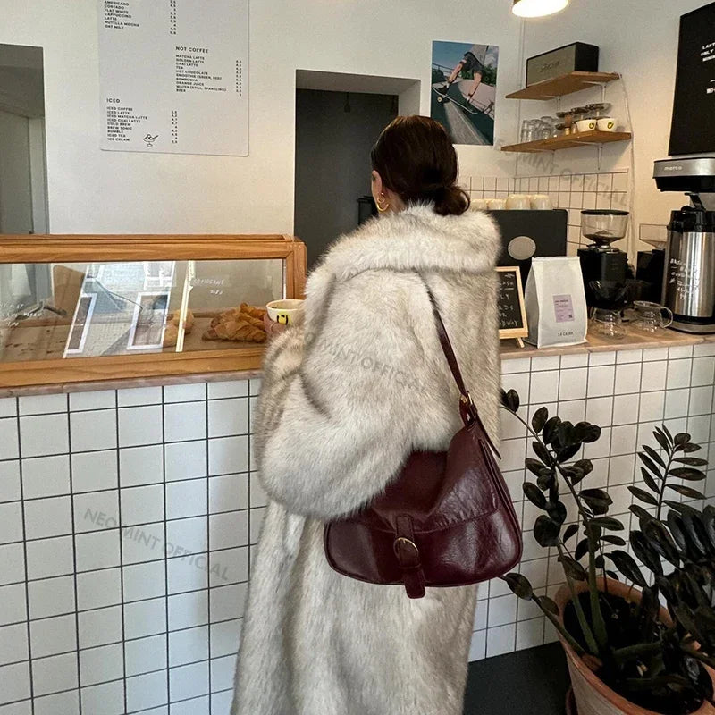 Slouchy Chic Gradient Long Eco Faux Fur Coat Women Winter Thick Warm Fluffy Fox Fur Jacket Brand Fashion Girls Overcoat