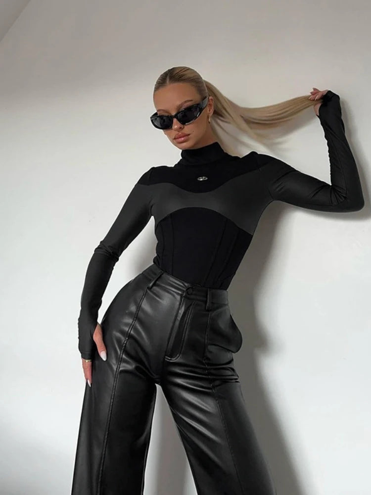 Long Sleeve Bodycon Lenceria Femenina Turtleneck Lingerie Sexy Body Feminino Black Tops Women PU Patchwork One-Pieces Bodysuit