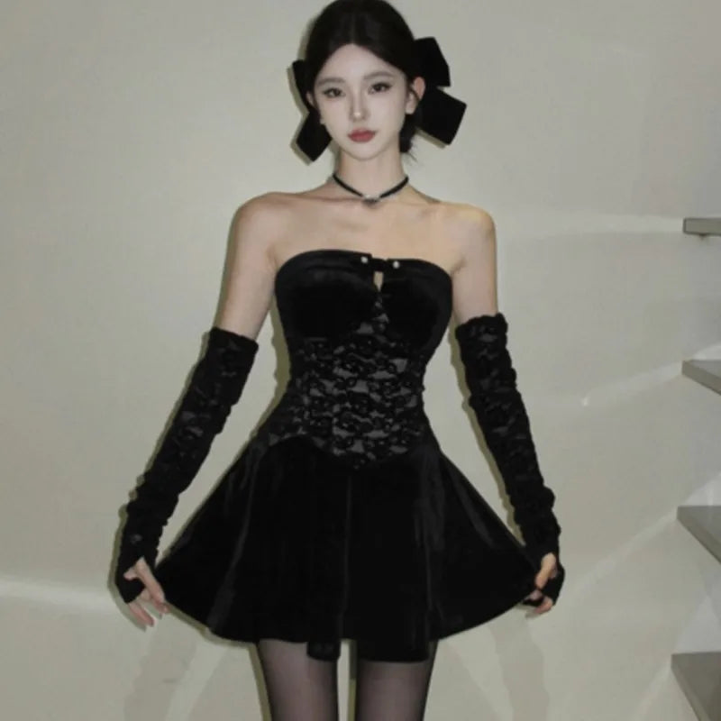 Y2K Gothic Strapless Mini Dresses Women Black Velvet Lace Patchwork Evening Party Dress A-line Slim Sexy Prom Vestidos Mujer New