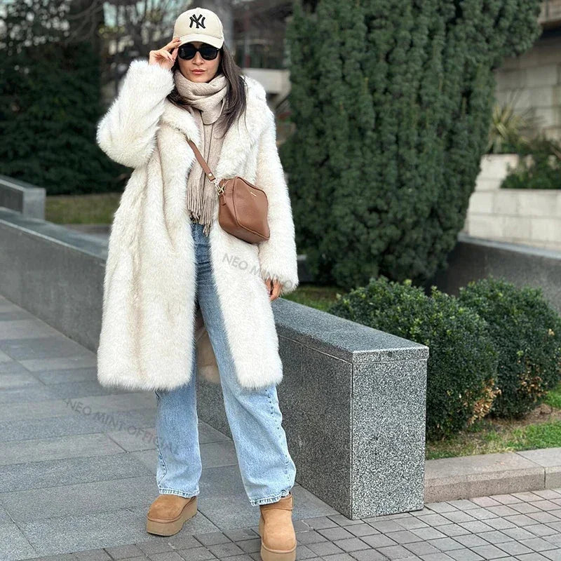 Slouchy Chic Gradient Long Eco Faux Fur Coat Women Winter Thick Warm Fluffy Fox Fur Jacket Brand Fashion Girls Overcoat