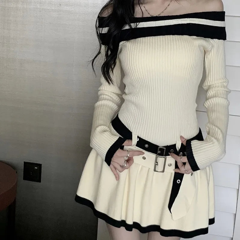 Y2K Slim Casual Knitted Mini Dresses Women Off Shoulder Elegant Korean Fashion Short Party Dress with Belt Autumn New Clothing