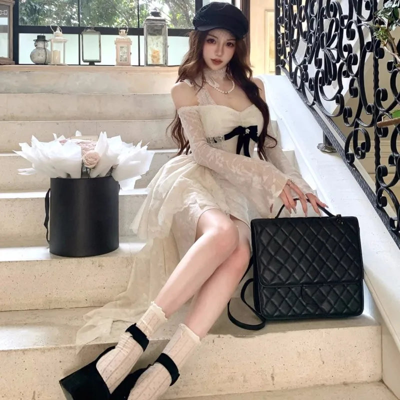 Y2K Lace Mini Dresses for Women Slash Neck Flare Sleeve A-line Ruffles Birthday Party Short Train Dress Korean Fashion Vestidos