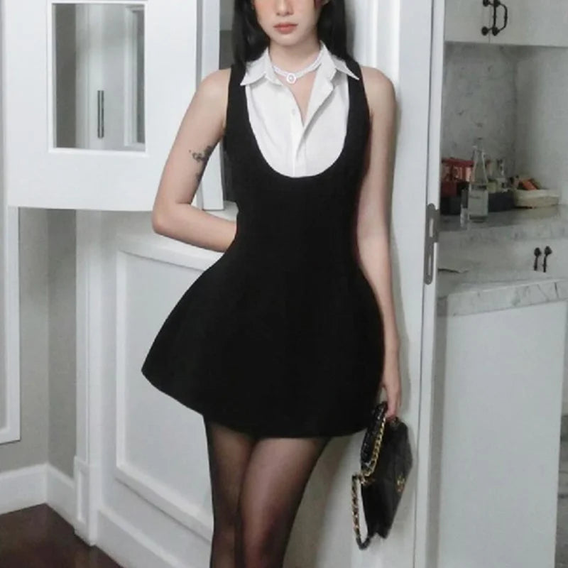 y2k Summer Dress Women Contrast Color Patchwork Lapel Collar Sleeveless A Line Mini Dress 2000s Evening Party Dresses
