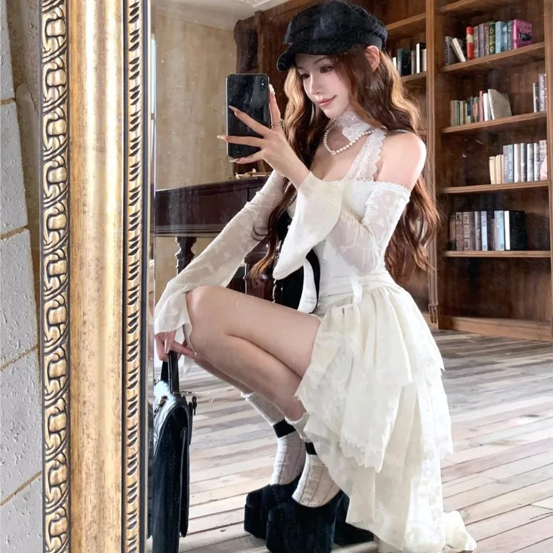 Y2K Lace Mini Dresses for Women Slash Neck Flare Sleeve A-line Ruffles Birthday Party Short Train Dress Korean Fashion Vestidos