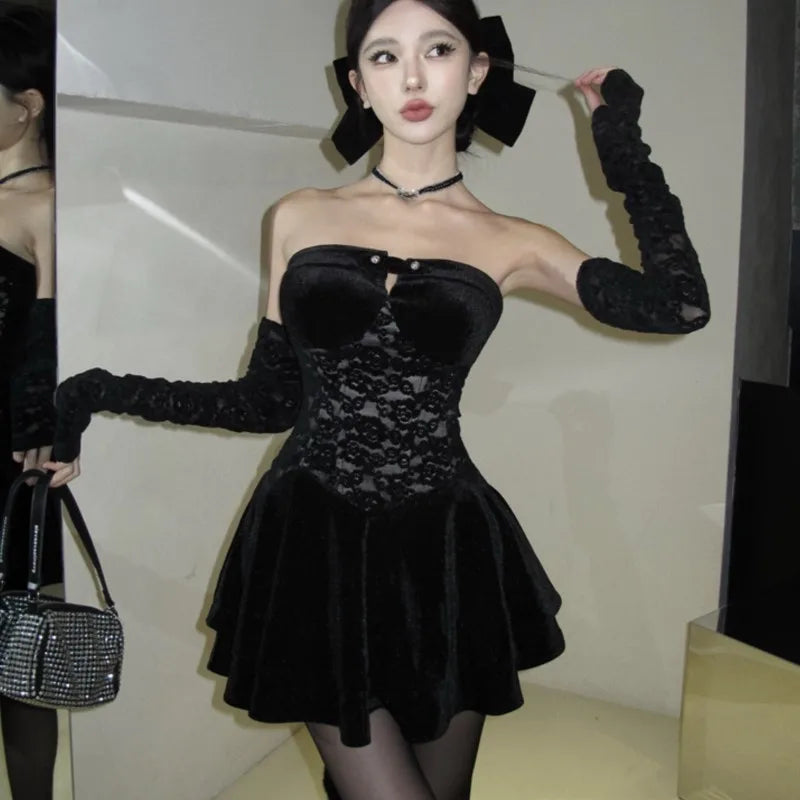 Y2K Gothic Strapless Mini Dresses Women Black Velvet Lace Patchwork Evening Party Dress A-line Slim Sexy Prom Vestidos Mujer New
