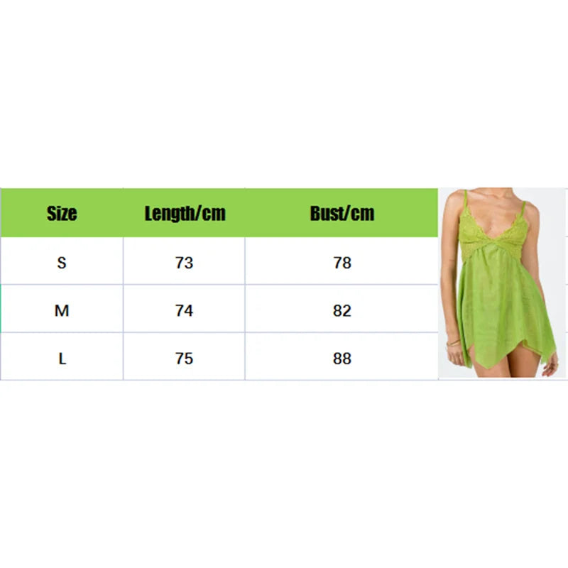 Women Fairy Dress Green Lace Spaghetti Strap Sleeveless Mesh A Line Mini Dress Halloween Cosplay Costume Clubwear