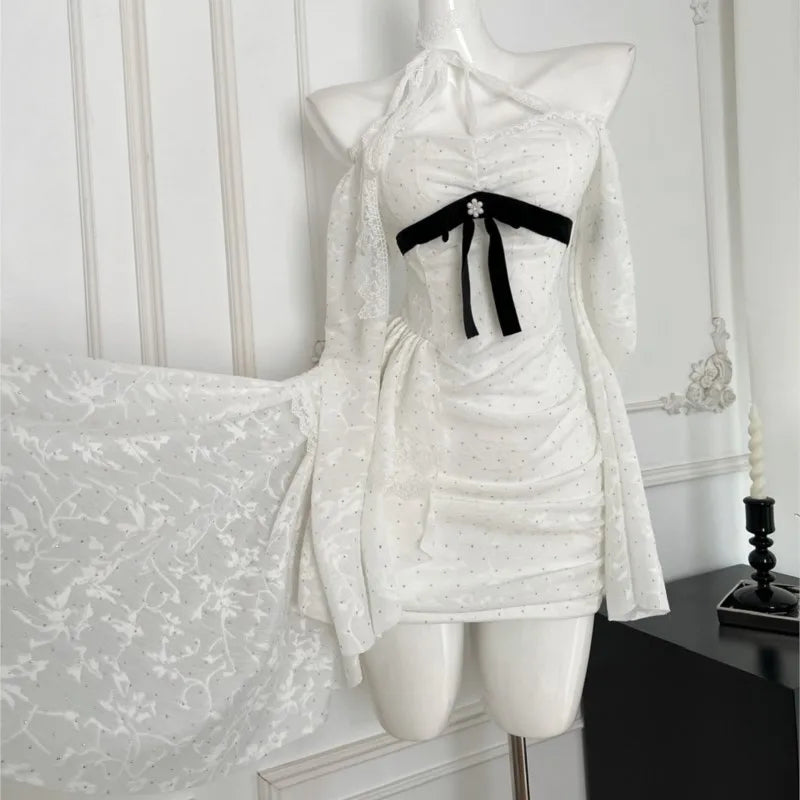 Y2K Lace Mini Dresses for Women Slash Neck Flare Sleeve A-line Ruffles Birthday Party Short Train Dress Korean Fashion Vestidos