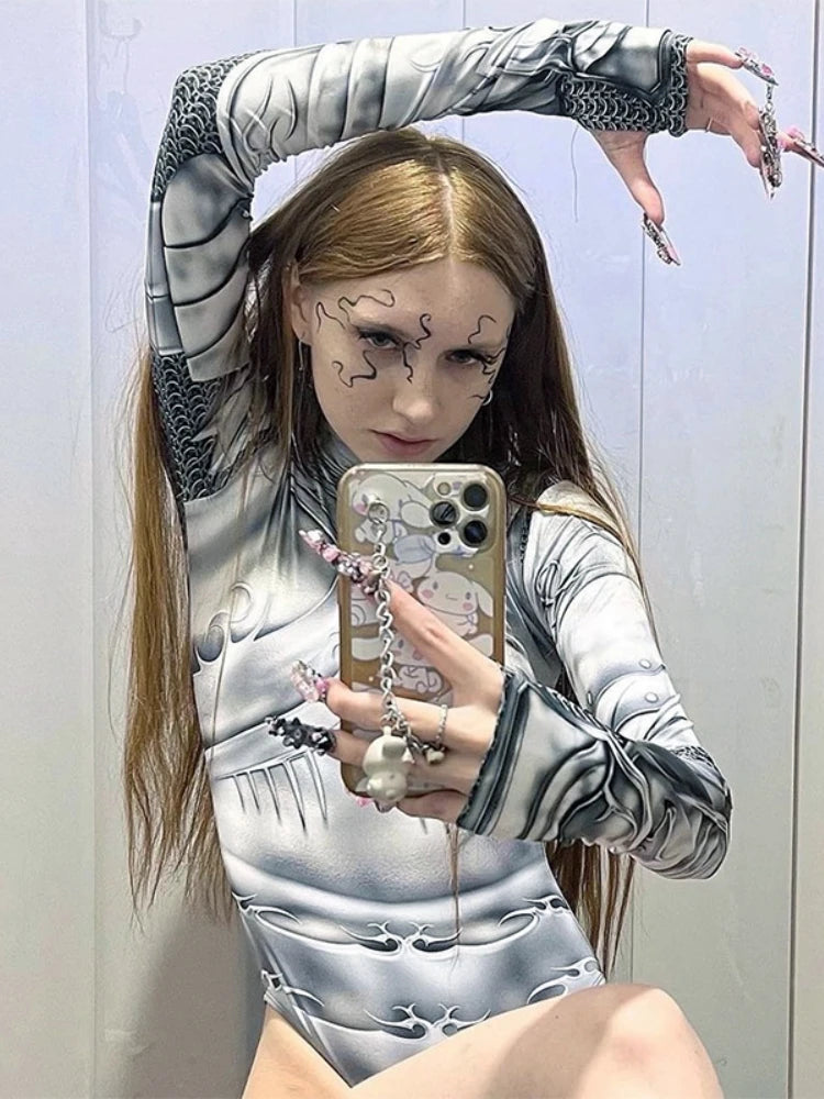Printed Skinny Sexy Bodysuit Lingerie Gray One-pieces Bustier Long Sleeve Corset Top Streetwear Fashion Trends Women Clothing