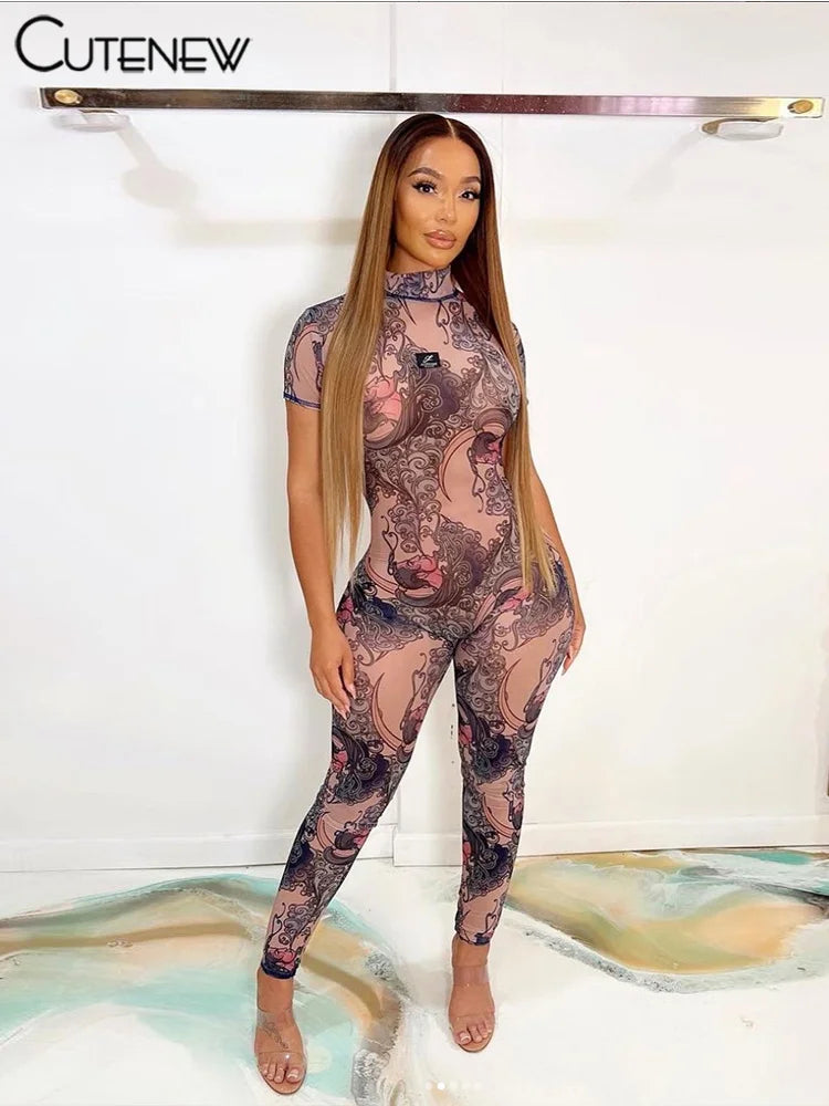 Women’s Printed Jumpsuit Casual Short-sleeves Fitness One Piece Sporty Attirewear Streetwear Overalls Spring New