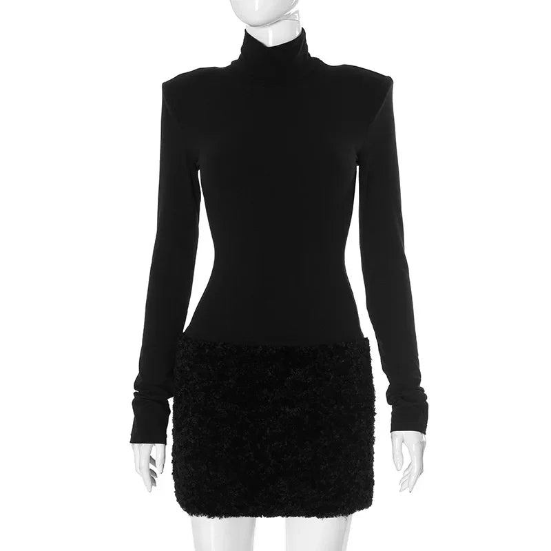 Turtleneck Long Sleeve Furry Mini Dress Female High Waist Splice Elegant Holiday Party Dress Ladies Slim Outfits 2025 New
